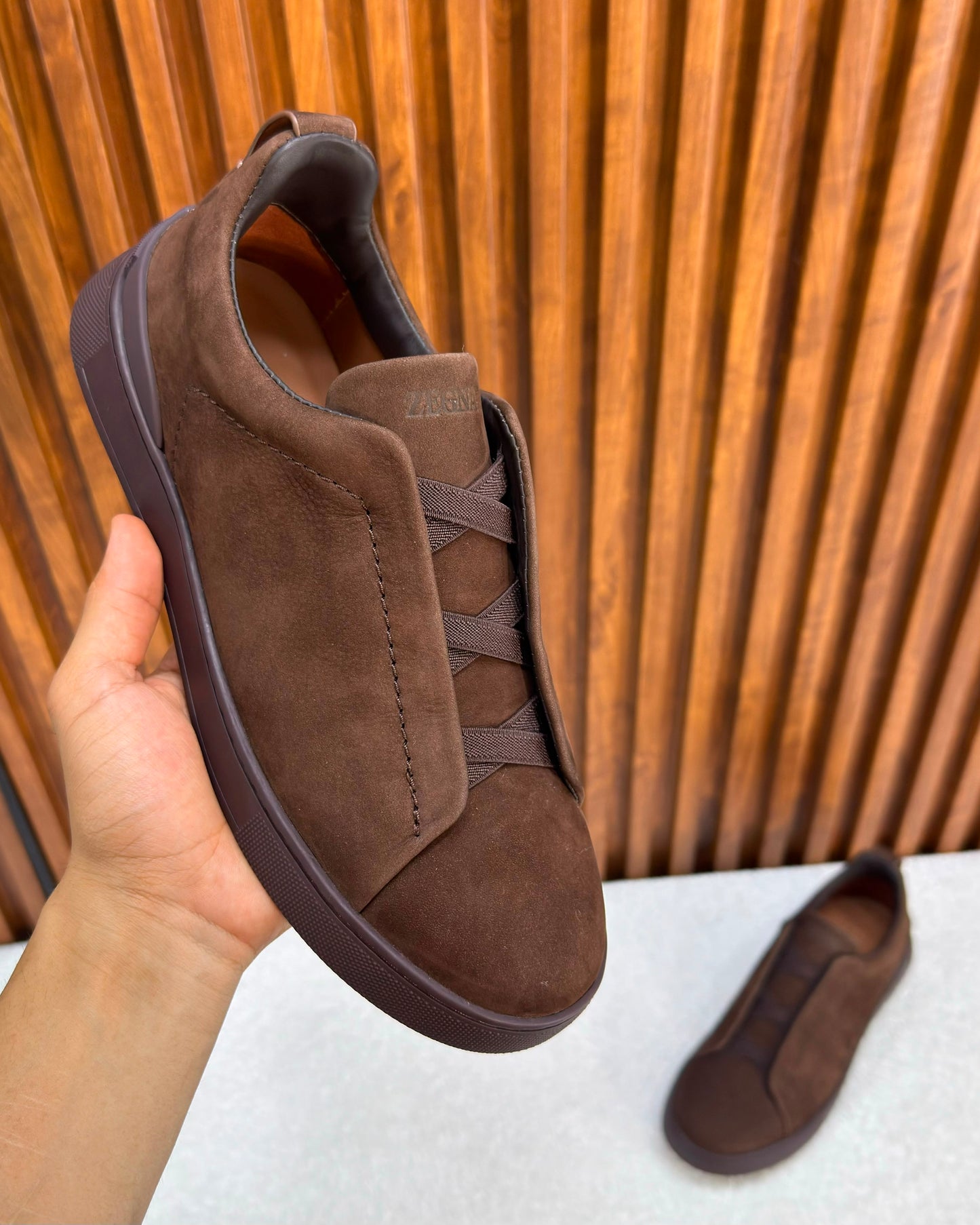 Premium Zegna triple stitch chocolate suede