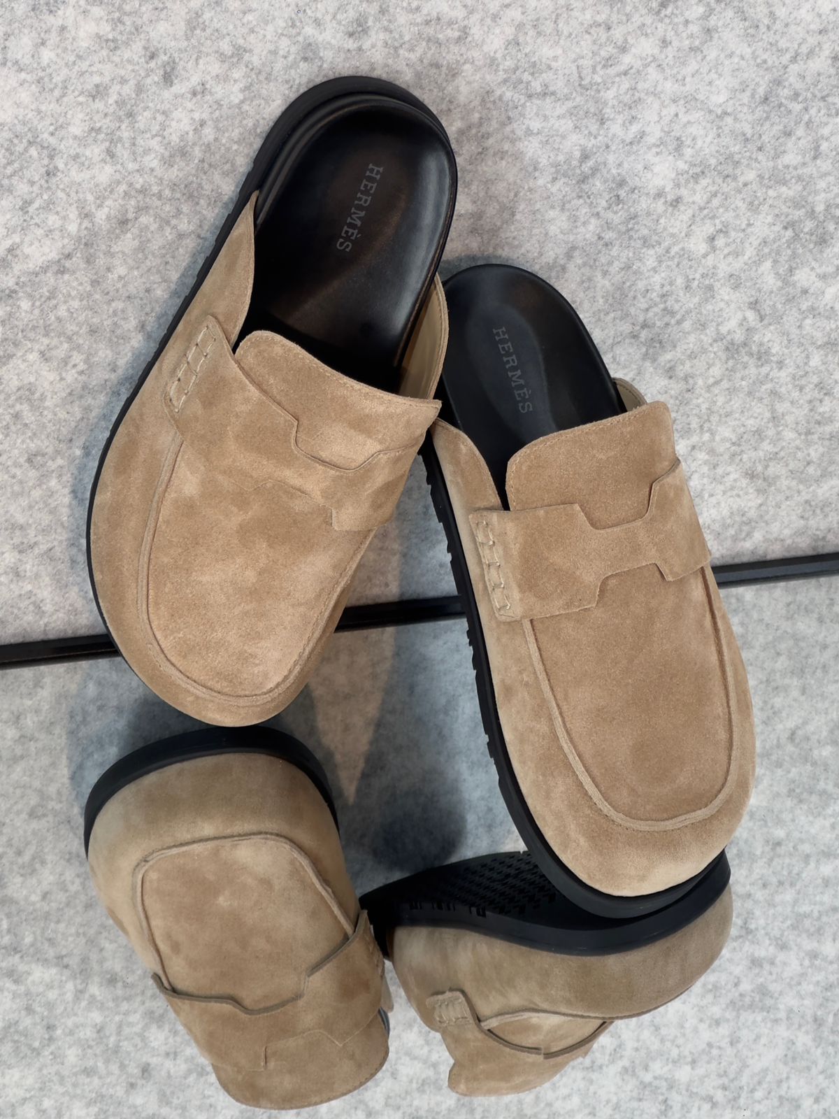 Hermès Go Mule, a suede calfskin mule lightweight rubber sole.