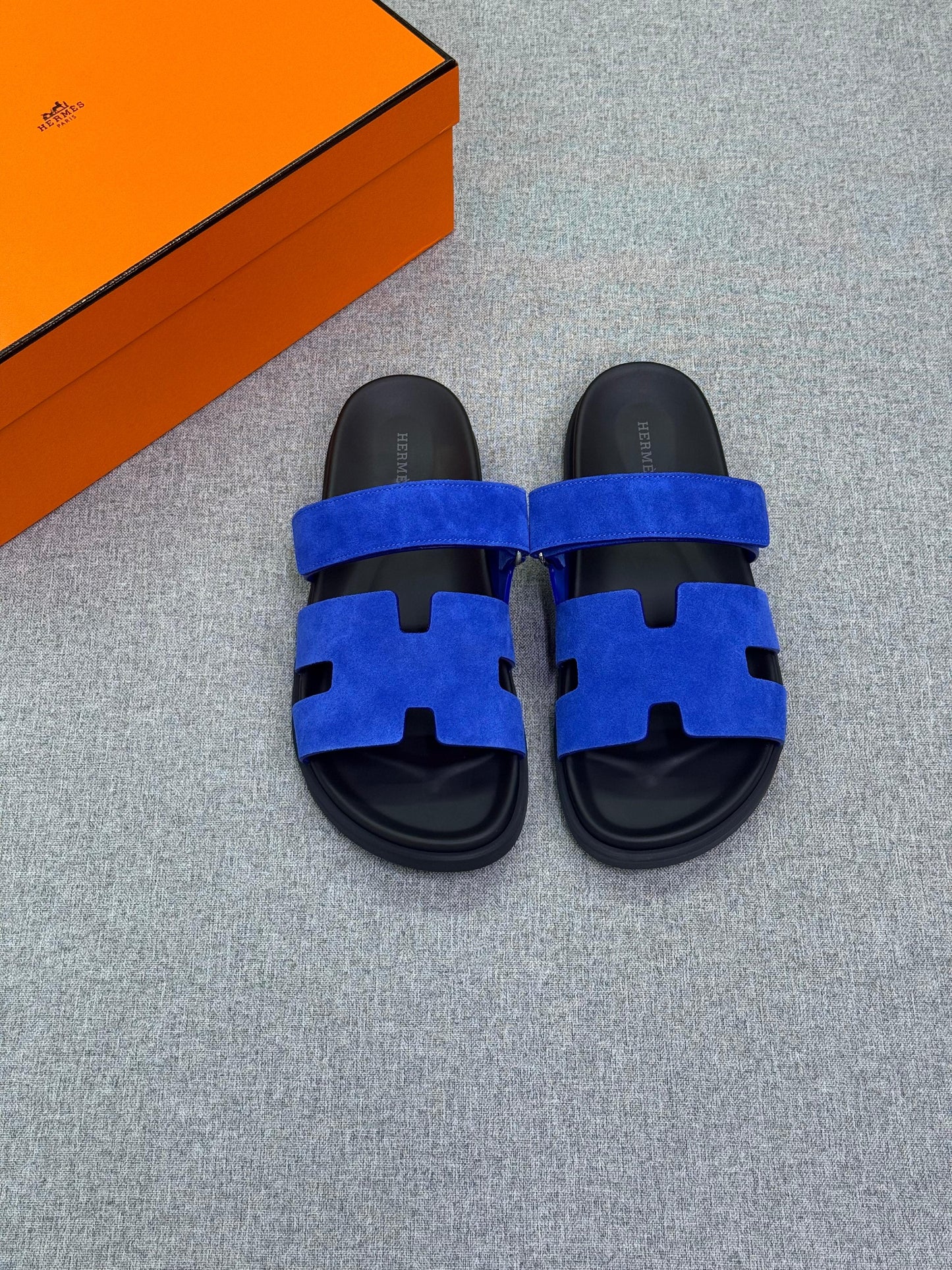 Hermès Chypre sandal in blue suede.