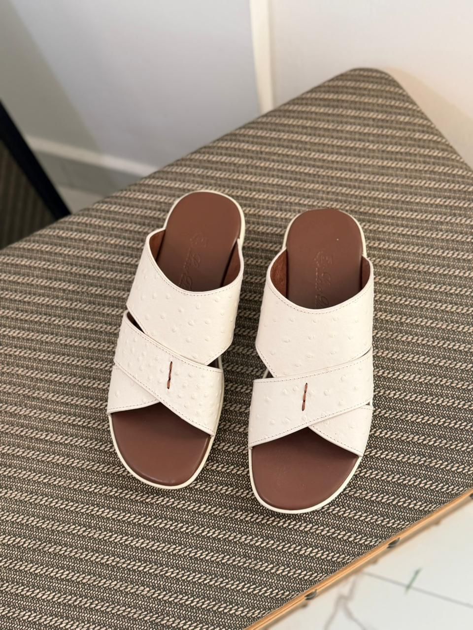 Loro Piana Palm Walk Sandal in White Ostrich Leather.