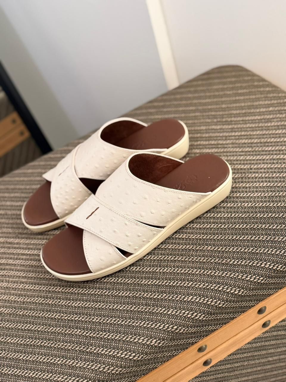 Loro Piana Palm Walk Sandal in White Ostrich Leather.