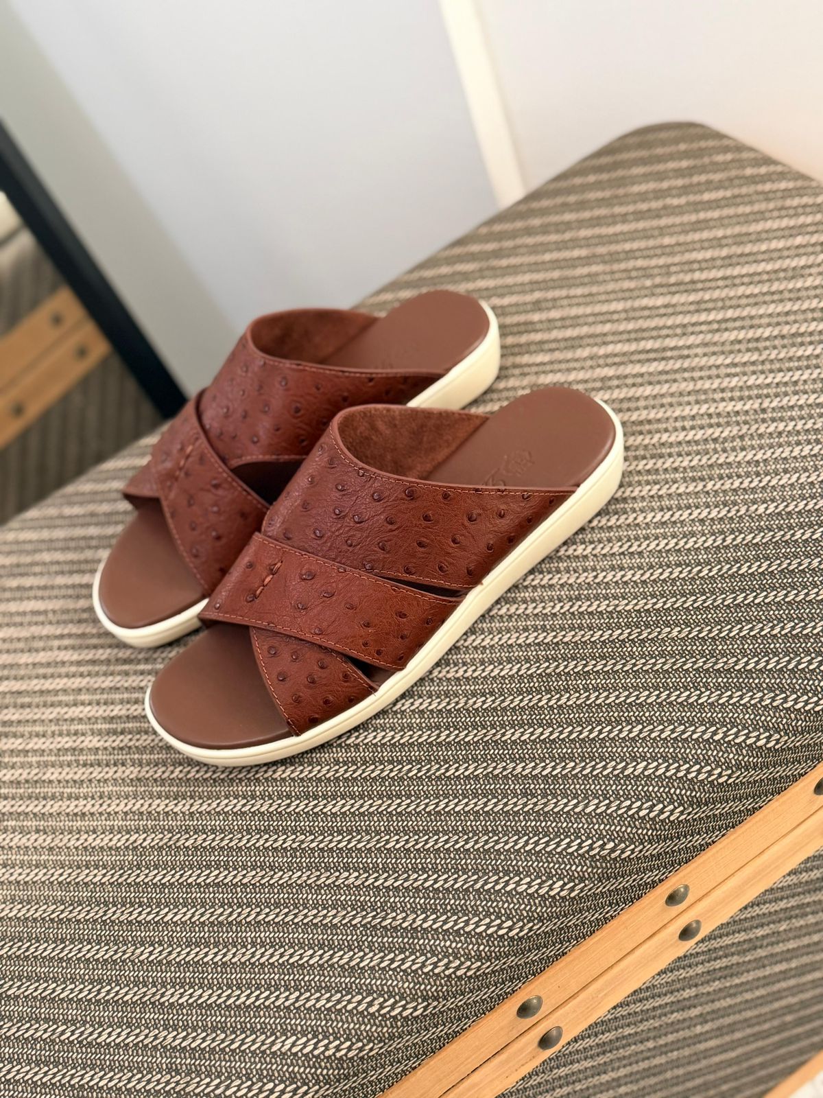 Loro Piana Palm Walk Sandals crafted from  ostrich leather.