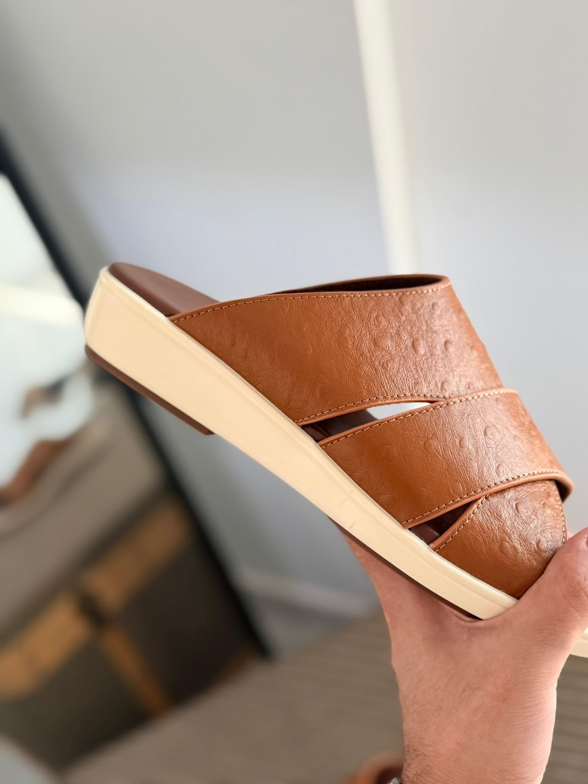 Loro Piana Palm Walk Sandal in ostrich leather.