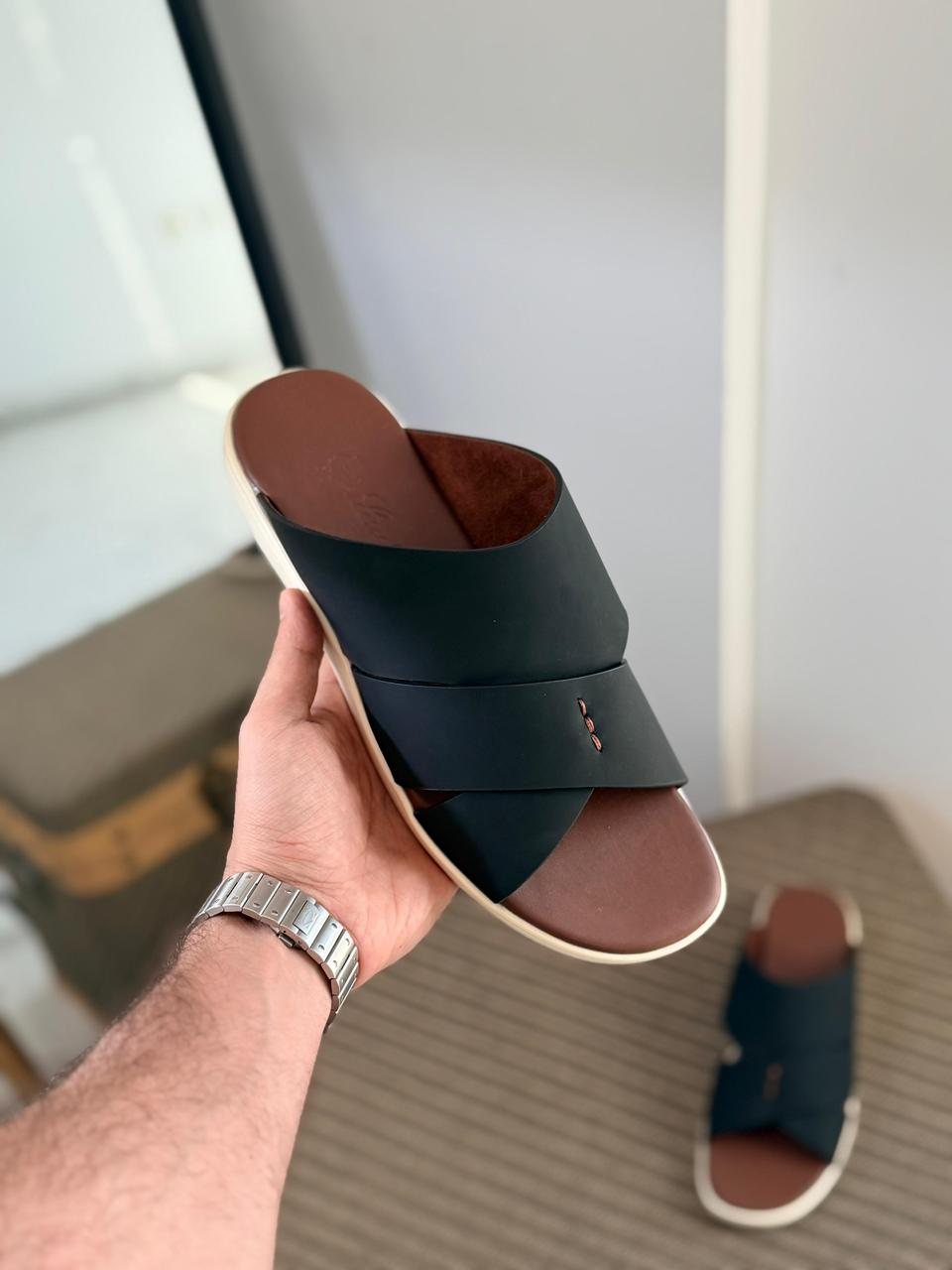 Loro piana Men Sandal Model 46 is a black leather