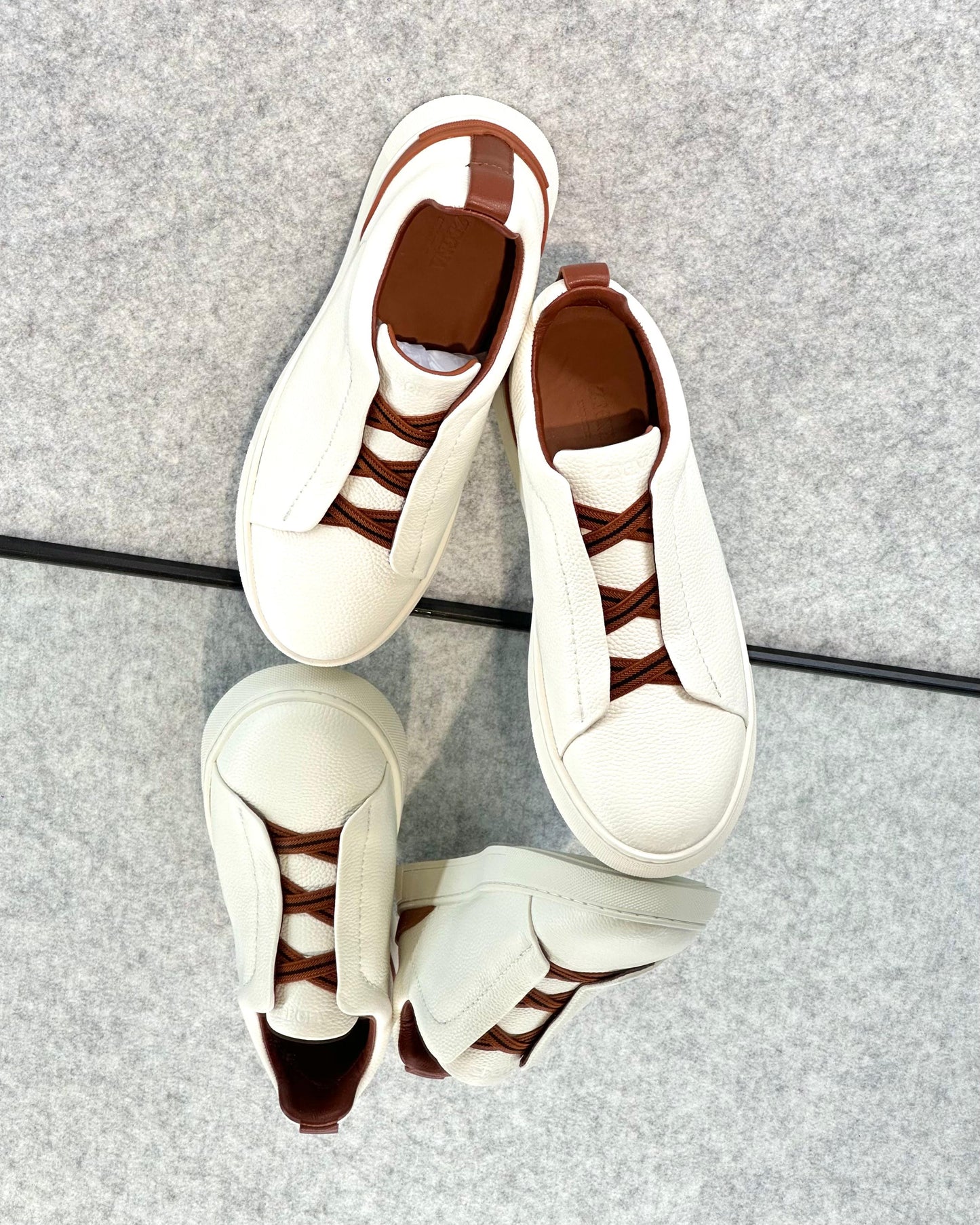 Premium luxury Zegna triple stitch white/brown