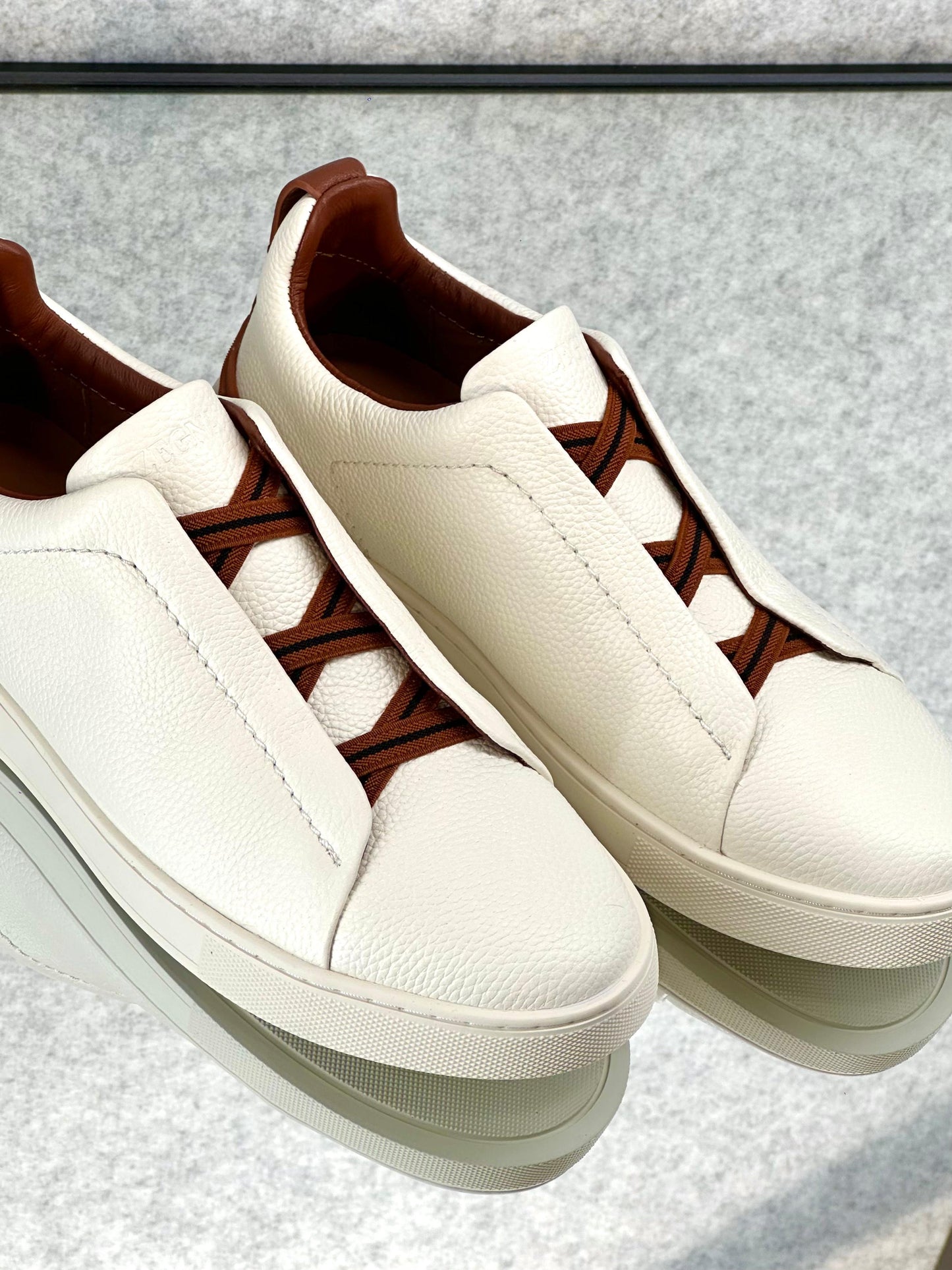 Premium luxury Zegna triple stitch white/brown