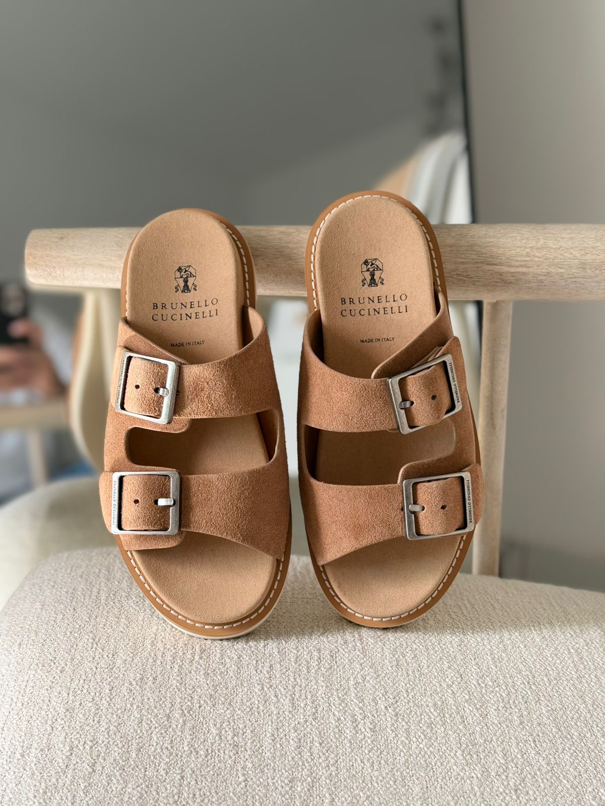 Brunello Cucinelli Urban Slide Sandals in Washed Suede Brown