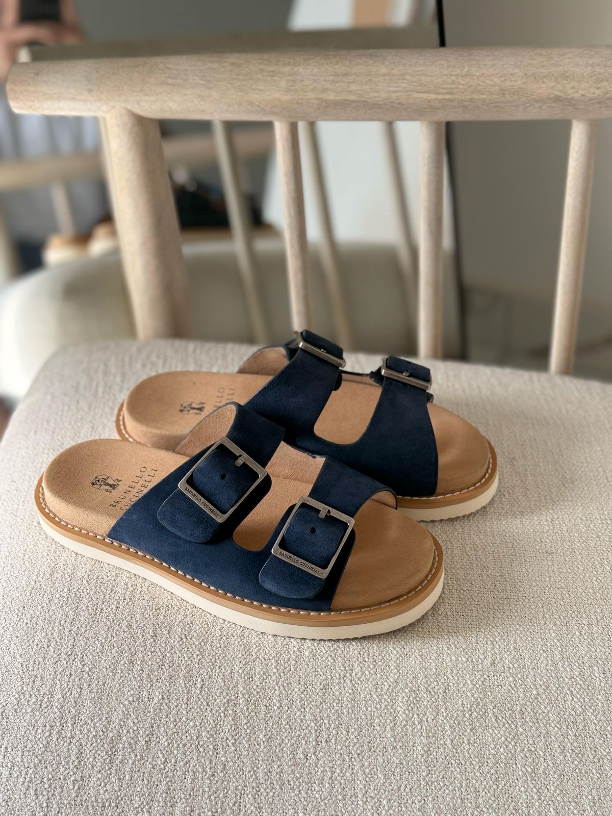 Brunello Cucinelli Suede Double-Strap Sandals Navy blue