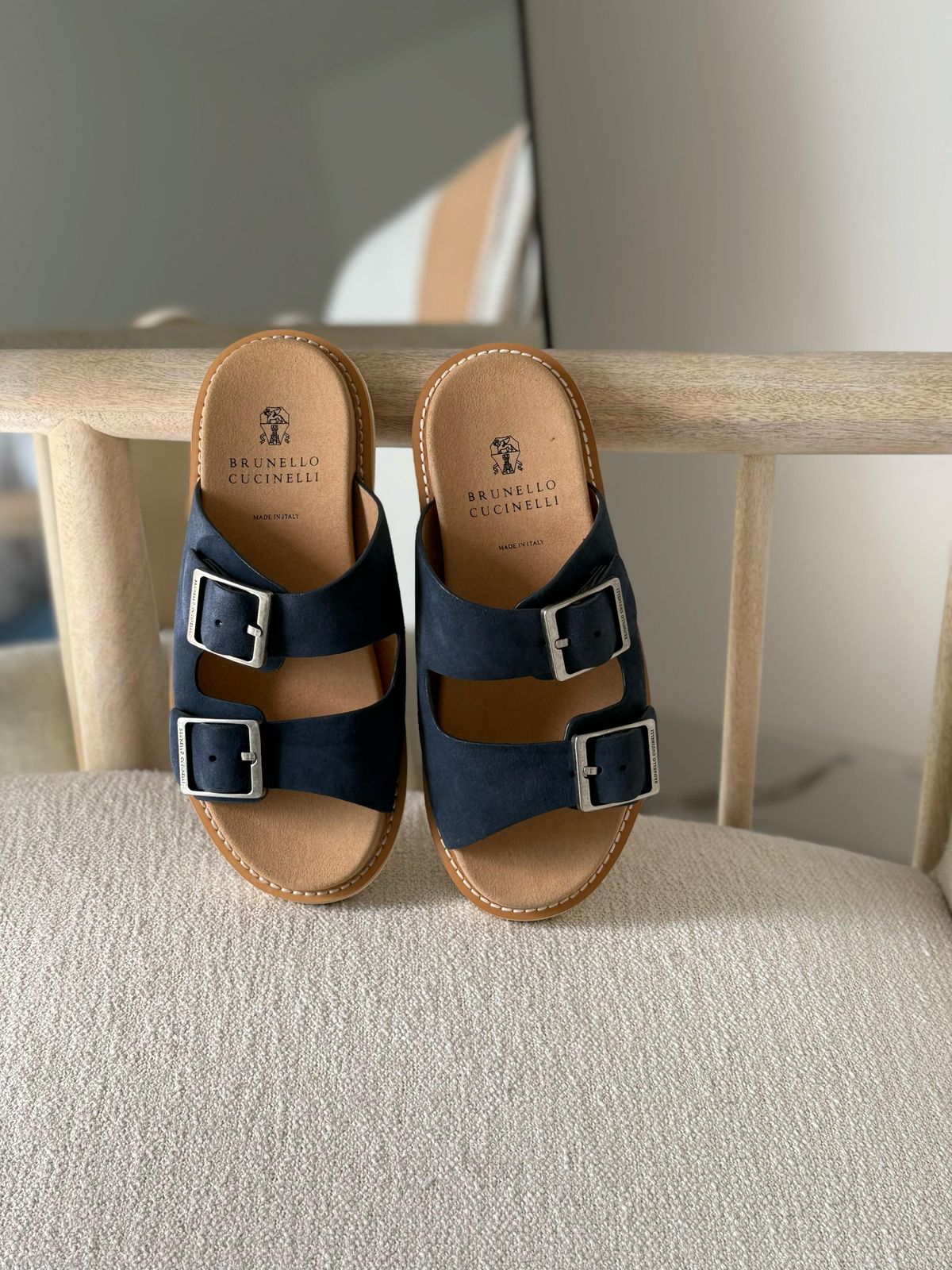 Brunello Cucinelli Suede Double-Strap Sandals Navy blue