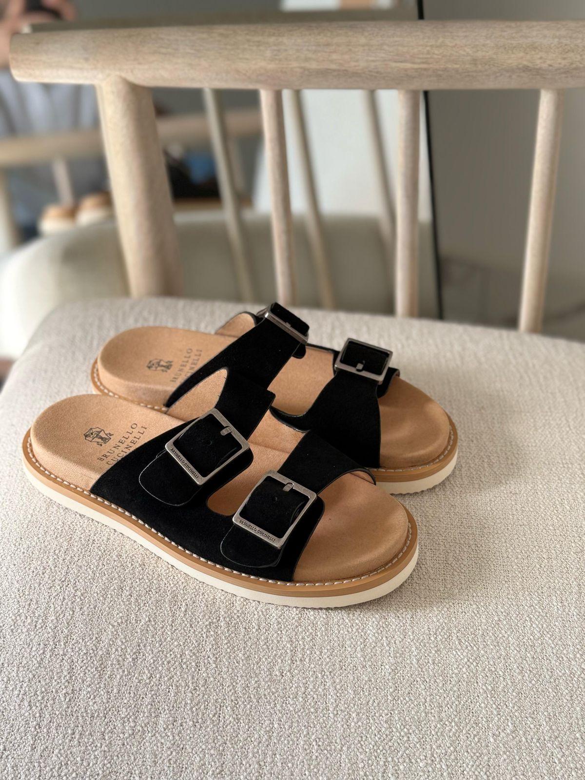 Brunello Cucinelli suede double-buckle sandals BLACK