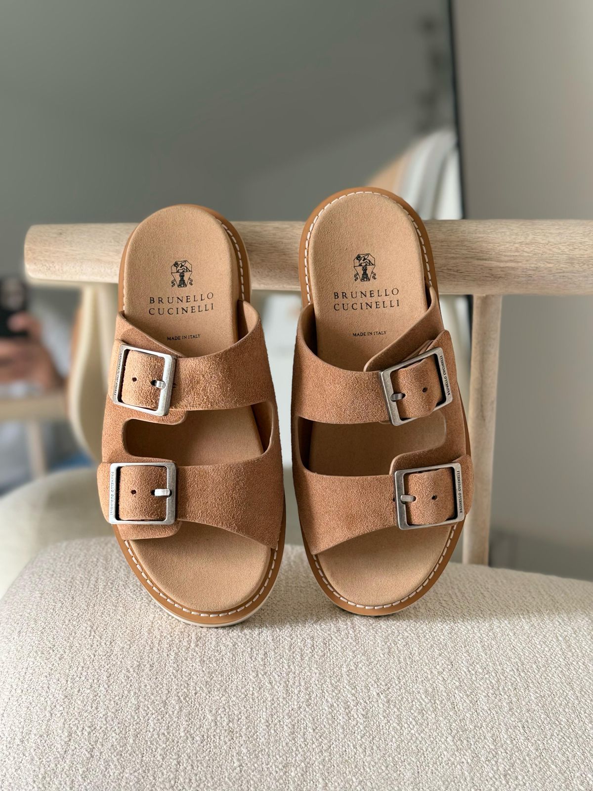 Brunello Cucinelli Urban Slide Sandals in Washed Suede Brown
