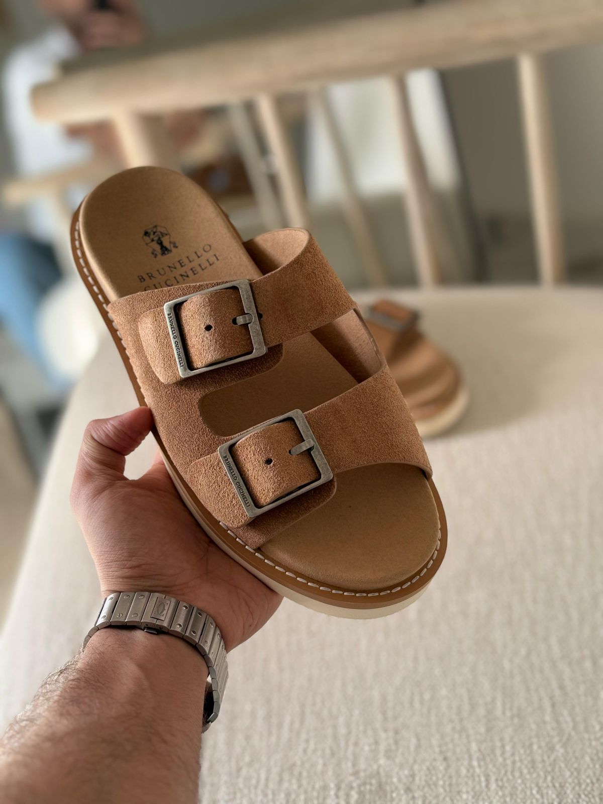 Brunello Cucinelli Urban Slide Sandals in Washed Suede Brown