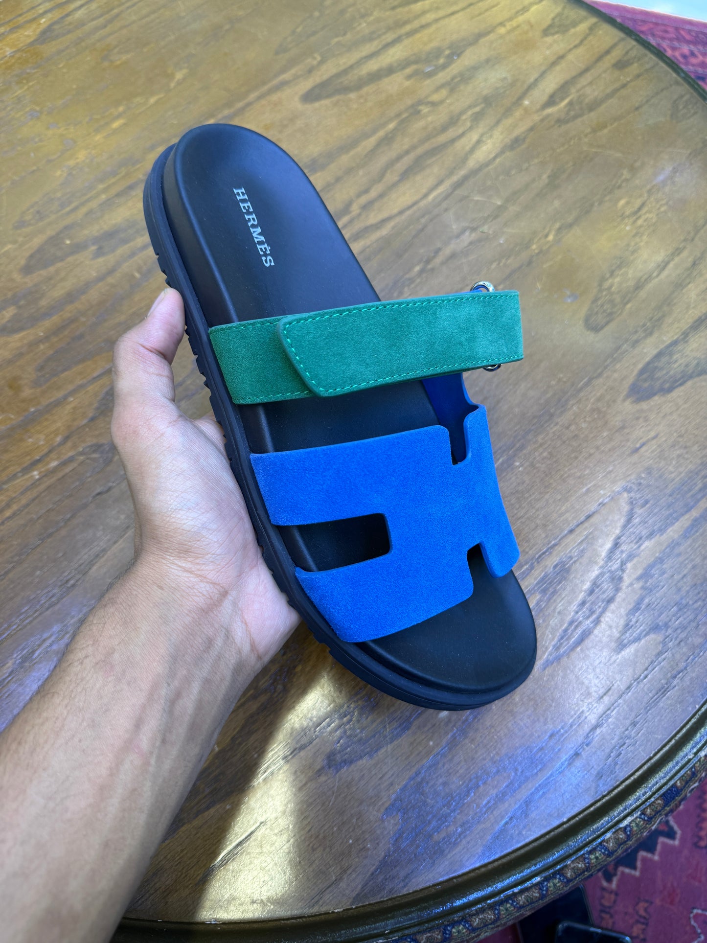 Hermès Chypre sandal in Bleu Océan / Vert Bouteille