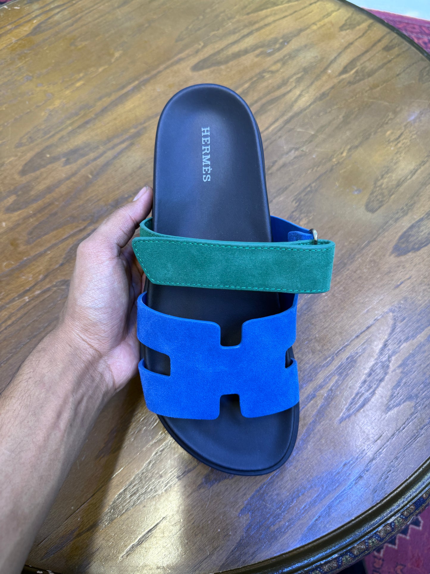 Hermès Chypre sandal in Bleu Océan / Vert Bouteille