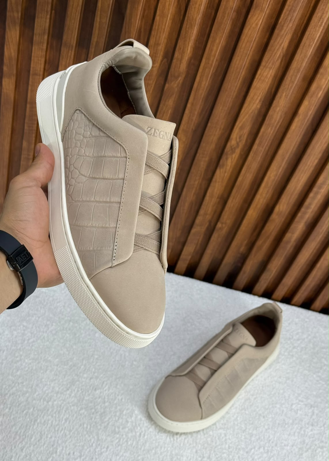 Premium luxury Zegna triple stitch Light brown crocodile