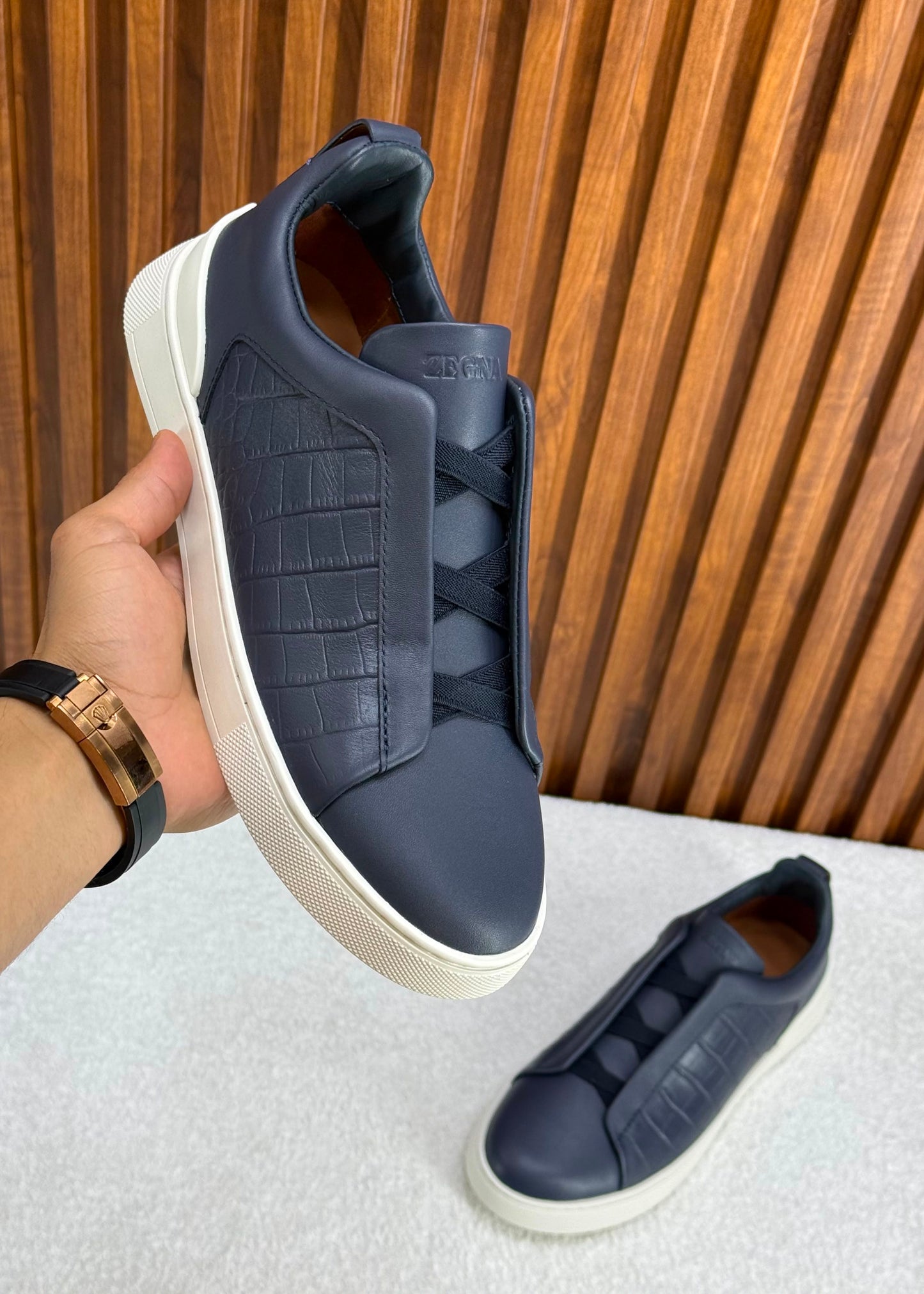 Premium luxury Zegna triple stitch blue crocodile leather