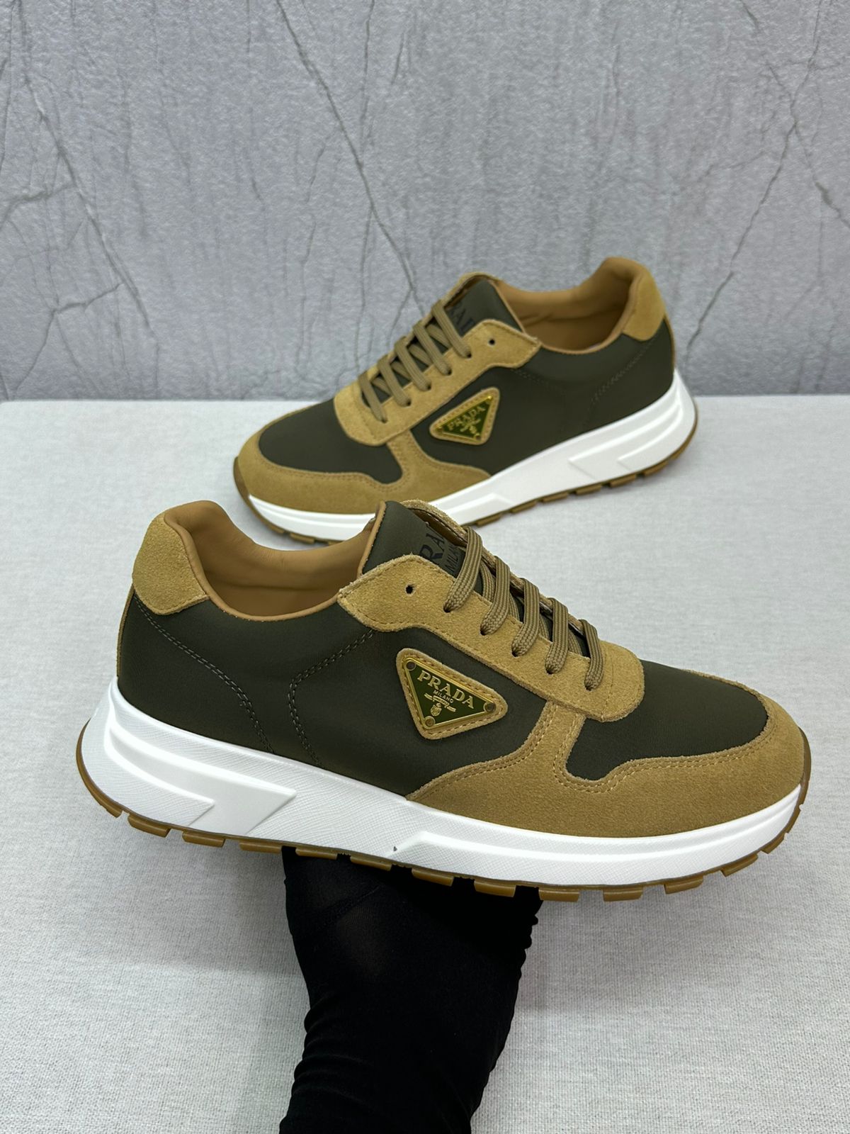 Prada PRAX 01 Sneakers – Re-Nylon & Brushed Leather (Ecru/Military, Style 2EE369_3KUY_F03TK)