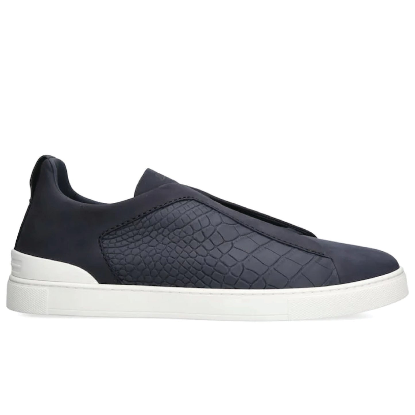 Premium luxury Zegna triple stitch Dark Blue white mat suede