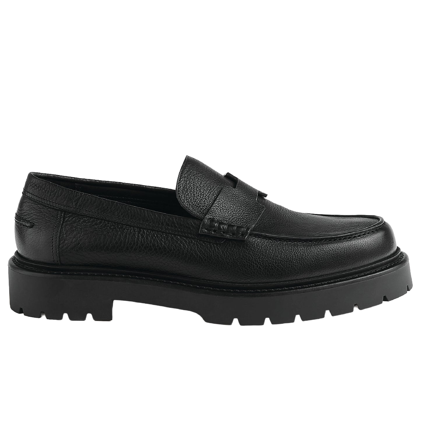 Hermès Klement Loafer in black buffalo leather with a chunky rubber sole.