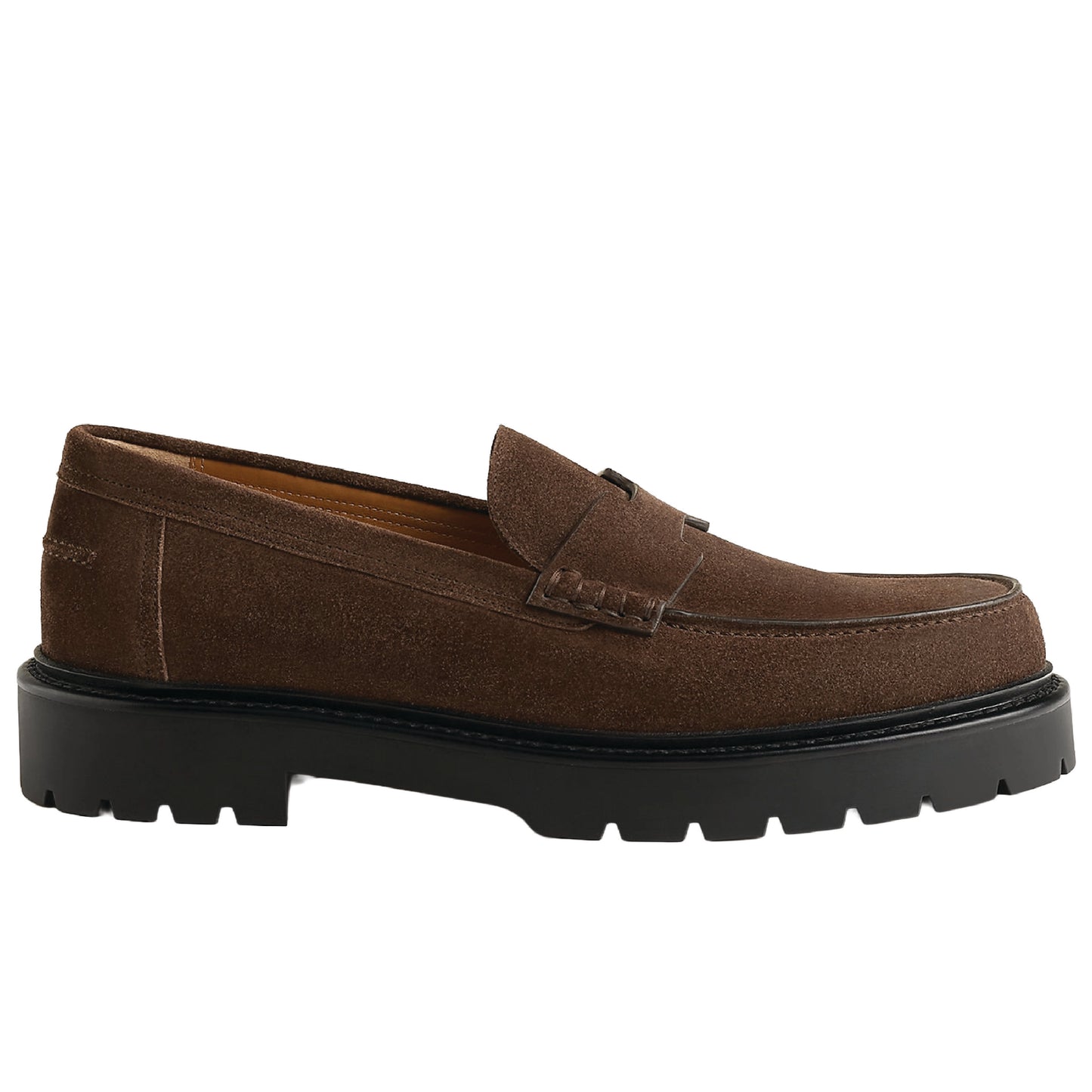 Hermès Klement loafer, crafted from brown suede calfskin with a chunky rubber sole.