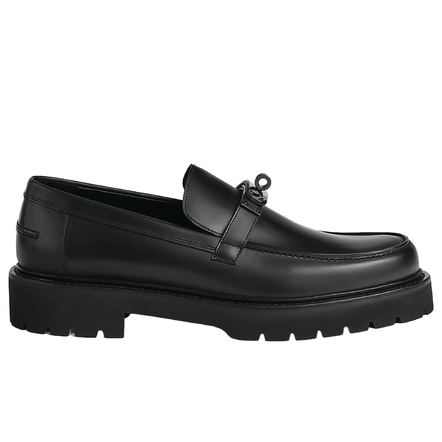 Hermès Icone loafer in black calfskin leather featuring a Kelly buckle and a light notched sole.