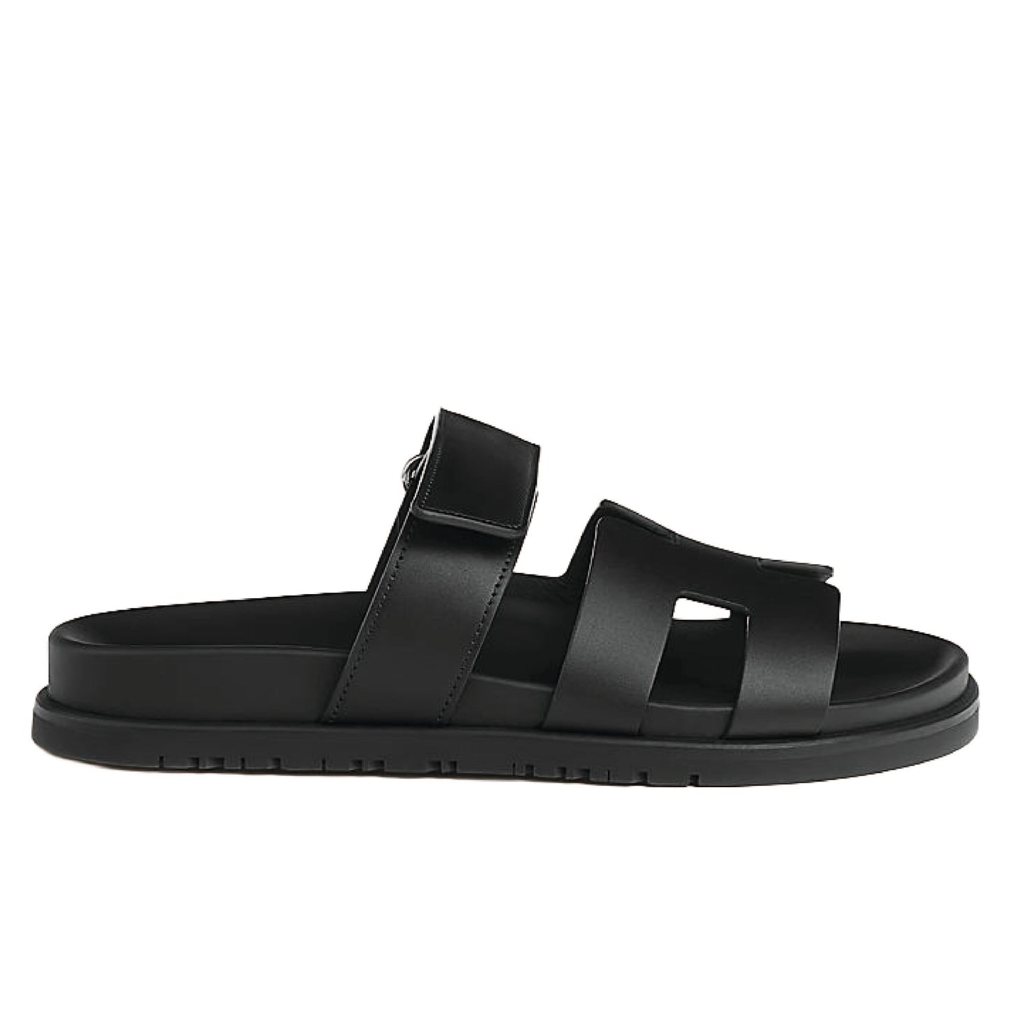 Hermès Chypre sandals in black calfskin leather.