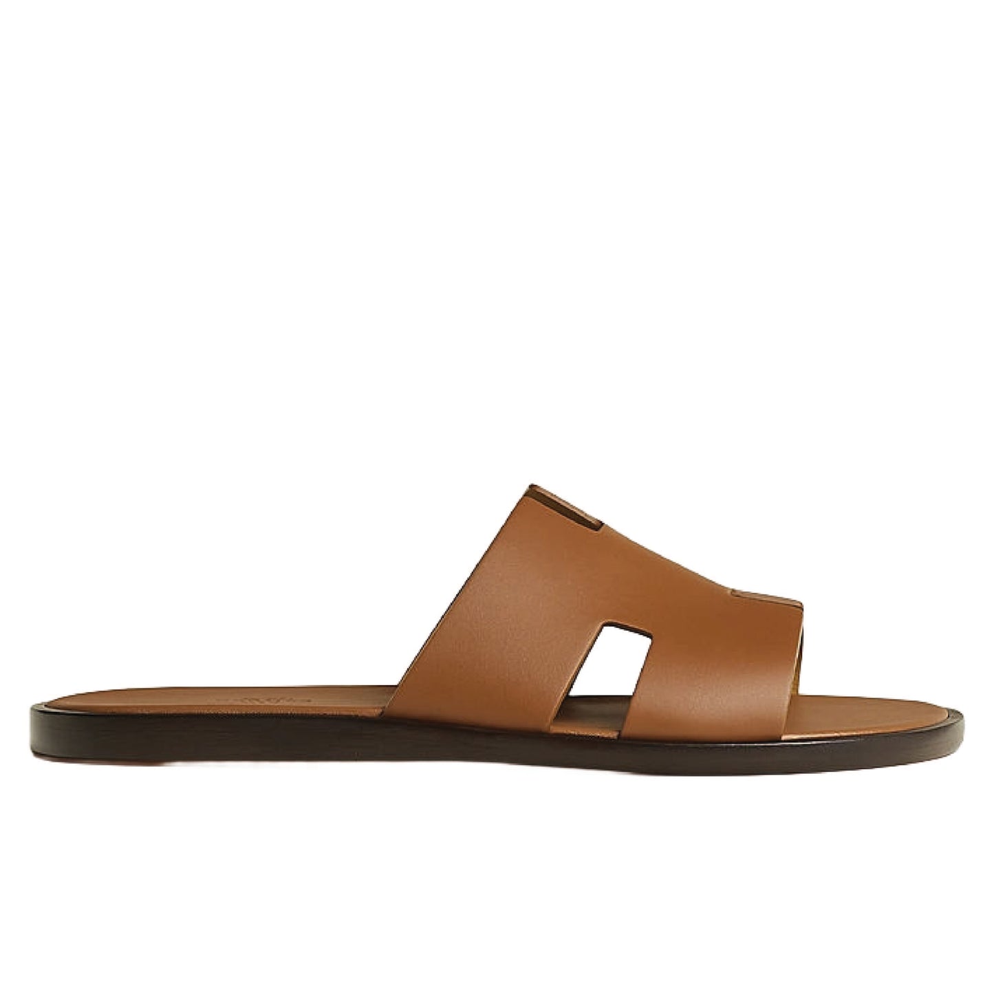 Hermès Izmir sandals for men, crafted in a warm brown "Gold" calfskin leather.