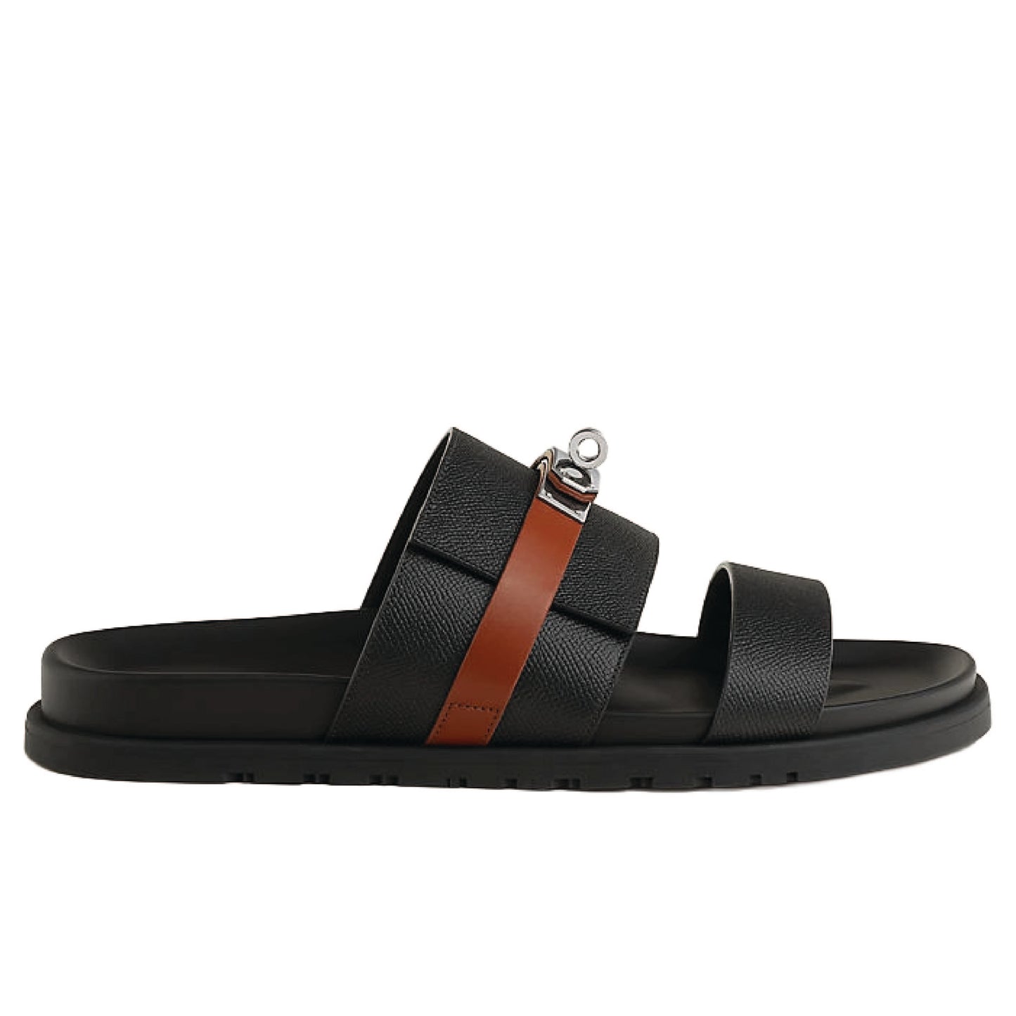 Hermès Jackson Sandals in black leather with a palladium-plated Kelly buckle.