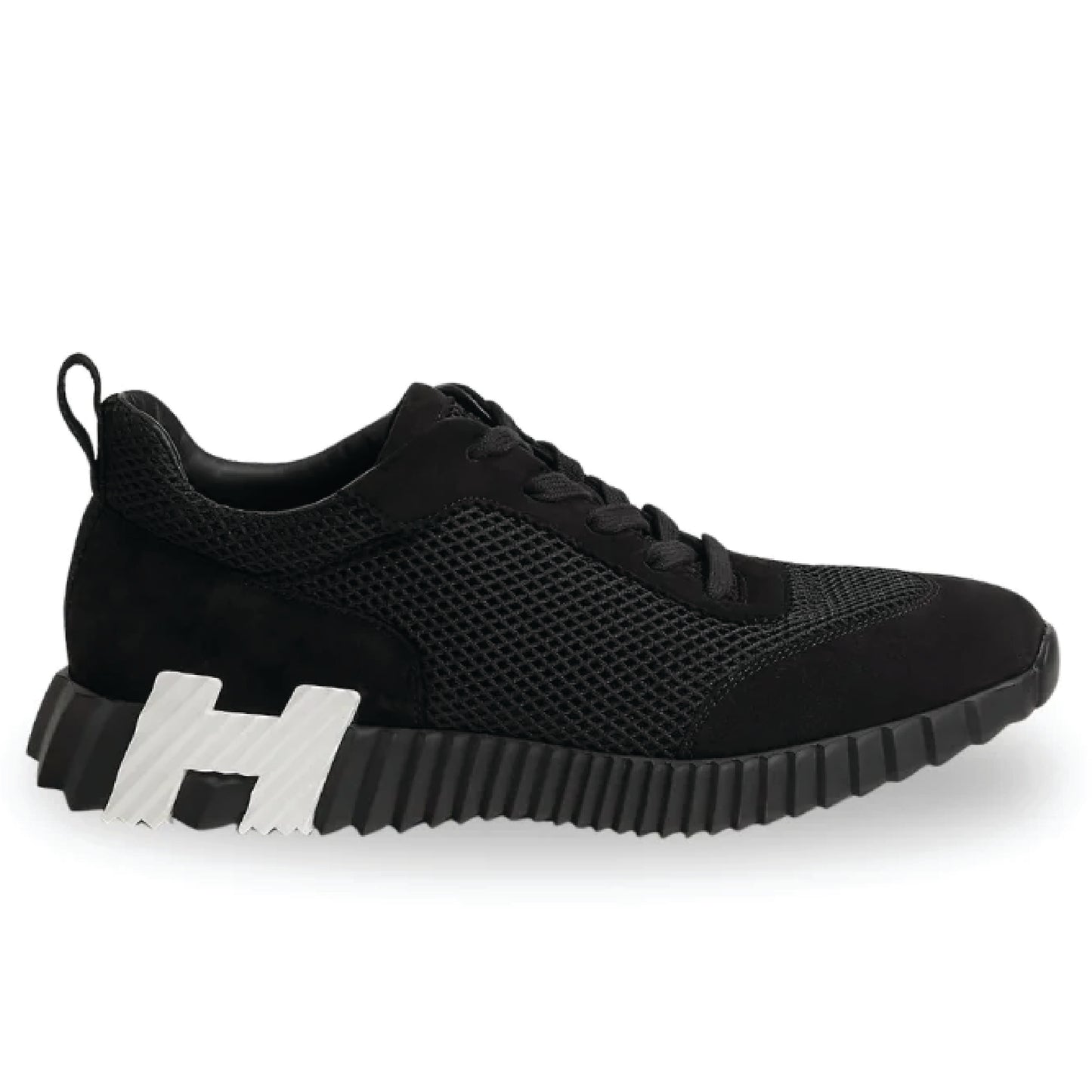 Hermès Bouncing Sneaker – Black Mesh & Suede Goatskin with White “H” Heel Detail (Men’s, Style H232856ZH01415)