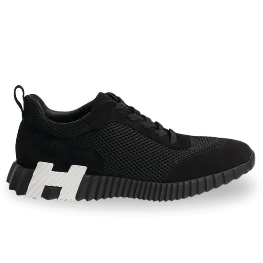 Hermès Bouncing Sneaker – Black Mesh & Suede Goatskin with White “H” Heel Detail (Men’s, Style H232856ZH01415)