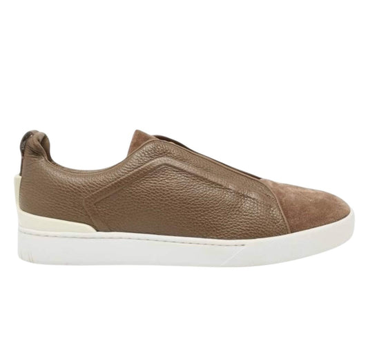 Zegna Brown Leather and Suede Triple Stitch Sneakers