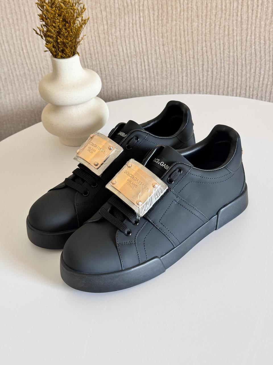 Dolce & Gabbana Portofino Calfskin Sneakers – Black with Branded Heel Tag