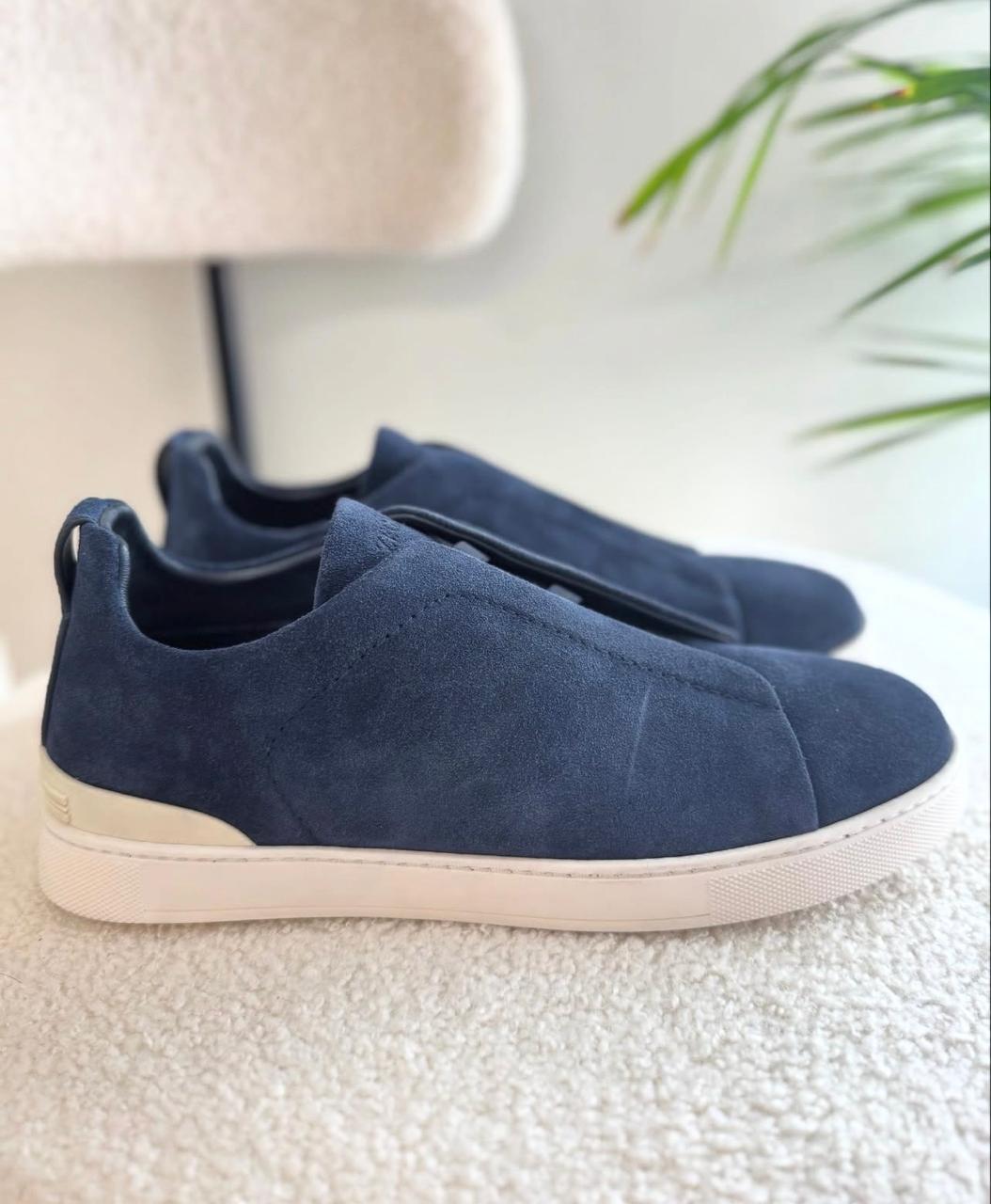 Premium Luxery Zegna Triple Stitch Blue Suede