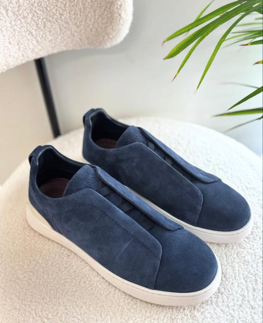 Premium Luxery Zegna Triple Stitch Blue Suede