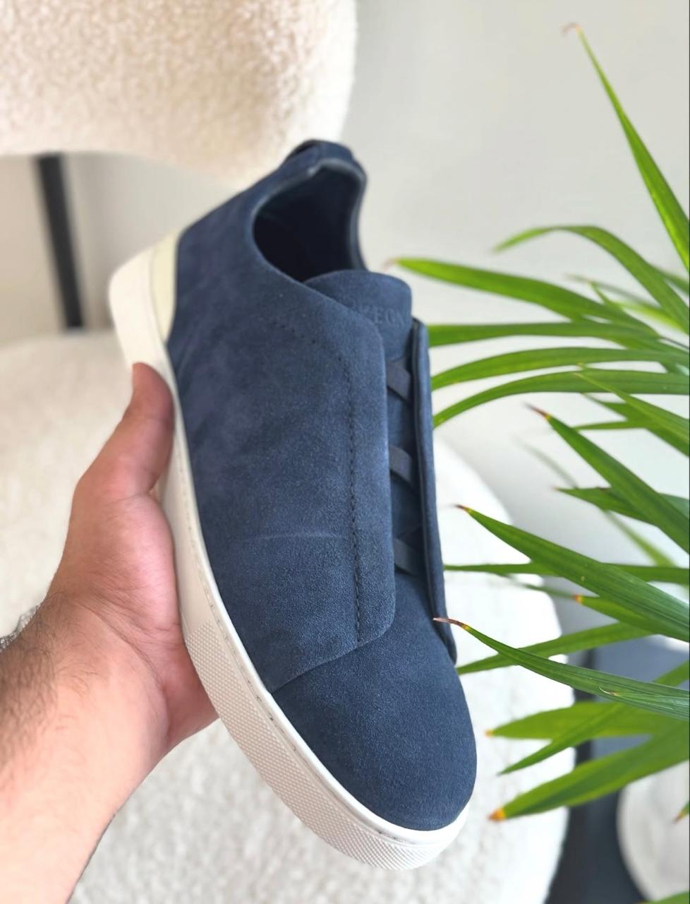 Premium Luxery Zegna Triple Stitch Blue Suede